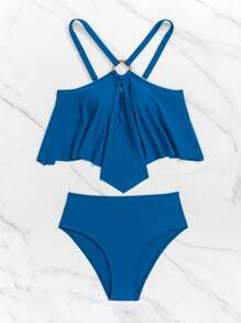 Swim Lushoire Solid Ruffle Hem Tankini Set, For Summer Beach Vacation - Dusty Blue - View 5