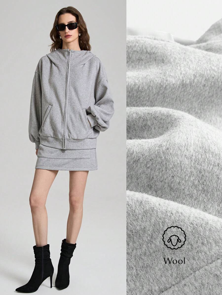 Ontre 2 件套女士套装：连帽灯笼袖灰色春季休闲运动衫，舒适宽松版型，时尚百搭，2025 年新款现代都市风格 - 灰色 - 查看 1