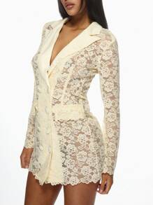 MISSGUIDED Đầm blazer ren thanh lịch dáng ngắn, viền ren lượn sóng, thích hợp dự tiệc tối, đám cưới, tiệc trang trọng, tay dài, cài cúc phía trước, dịp đặc biệt, mùa xuân hè. - Màu be - Xem 6