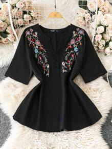 SHEIN LUNE Plus Size Casual Simple Short Sleeve Floral Print Blouse , Everyday Wear, For Summer