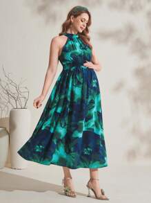 SHEIN Maternity Stand Collar Sleeveless Floral Print Casual Mini Dress - Multicolor - View 5