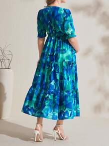 SHEIN Allover Print V-Neck Elastic Waistband Ruffle Trim Maternity Dress - Multicolor - View 2