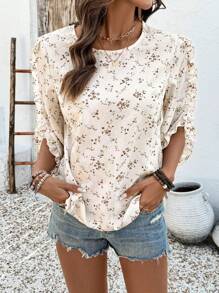 Breezaya 女士休闲荷叶边袖小碎花圆领衬衫，适合日常、度假、节日、波西米亚风、西部风、嬉皮士风、音乐节、乡村风、春夏 - 彩色 - 查看 4