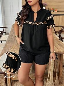 Breezaya Plus Size Solid Color Cutout V-Neck Short Sleeve Casual Vacation Style Shirt