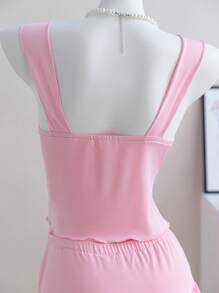 Váy mini màu hồng cho bé gái tuổi teen kèm quần short, bộ áo ba lỗ dệt kim dây nơ, phong cách ngọt ngào & Y2K - Hồng - Xem 9