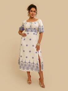 Travachic Vestido midi de mujer de manga abullonada, escote cuadrado, estampado floral azul en estilo retro y casual para vacaciones, para primavera/verano, tallas grandes - Azul - Ver 3