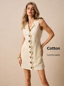 Poéselle Chic Button Down Scalloped Edge A-Line Apricot Mini Dress - Perfect For Casual Outings, Summer Parties And Easy Everyday Style,Yellow Women Dresses ,Business Casual Woman - Apricot - View 4