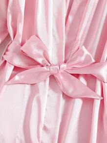女孩粉色缎面印花后背长袖长腰系带睡袍 - 粉色 - 查看 3