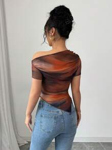 Elenzga Women's New Fashion Oblique Shoulder Short Sleeve Tie Dye Print T-Shirt - Multicolor - View 2