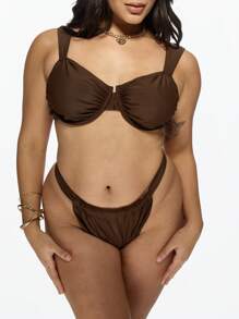 MISSGUIDED PLUS Plus Size Ruched Underwire Bikini Set Two Piece Swimsuit High Rise Bottom Supportive Swimwear Beach Vacation Summer Resort Wear XXL-6XL - Brown - View 6