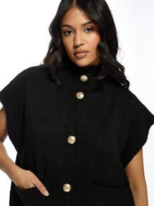 MISSGUIDED Luxury Oversized Button-Front Sweater Vest Designer Gold Button Sleeveless Cardigan Mock Neck Winter Fall Fashion Knitwear Classic Layering Piece - Black - View 5