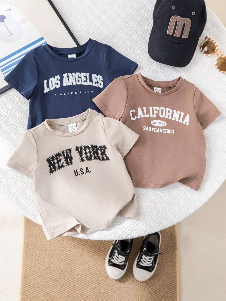 SHEIN 3pcs/Set Baby Boy Summer Color Letter Print Soft Knit Crew Neck Short Sleeve Tops - Navy Blue - View 1
