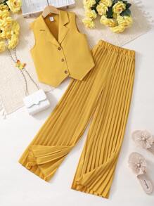 2pcs Tween Girl Summer Set - Vest, Pleated Pants,Holiday,Summer,Travel - Yellow - View 1