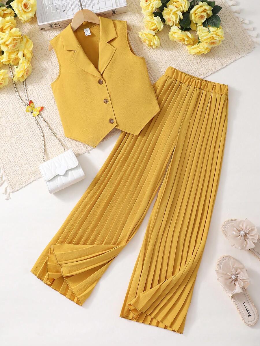 2pcs Tween Girl Summer Set - Vest, Pleated Pants,Holiday,Summer,Travel - Yellow - View 1