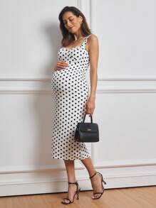 MaterniWear Work/Office Tank Top Polka Dot Print Maternity Midi Dress - White - View 5