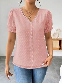 EMERY ROSE Women's Solid Color Swiss Dot Short Sleeve Casual Blouse - Pink - View 5