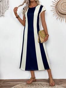 Breezaya Women's Casual Elegant Contrast Color Striped Batwing Sleeve Button Decor Cinched Waist Midi Dress - Multicolor - View 4