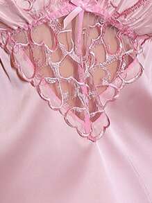 Plus Size Sexy Heart Embroidery Patchwork Open Waist Sleepwear Set, Faux Silk - Baby Pink - View 6