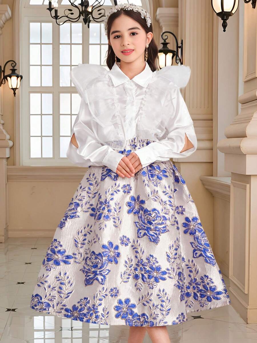 SHEIN 2pcs/Set Tween Girl Elegant Floral Ruffle Sleeve Blouse And Flared Skirt Set, Soft Satin & Organza - Multicolor - View 1