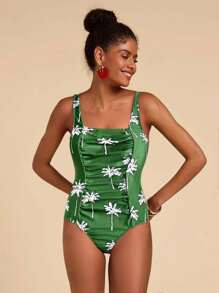 Travachic Đồ bơi liền thân không tay họa tiết hoa nhún bèo cho nữ, dành cho kỳ nghỉ hè ở bãi biển - Màu xanh lá cây đậm - Xem 3