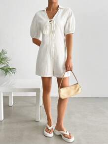 SHEIN EZwear Damen einfarbiger Jumpsuit mit Laternenschnittärmeln und Schleife vorne - Weiss - Übersicht 6