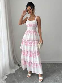 Elenzga 女士花卉印花分层荷叶边下摆无袖连衣裙