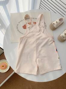 1pc Young Boys Casual Sporty Streetwear Cute Rabbit Print Loose Bib Overall Shorts, Suitable For Daily Wear, School, Travel, Sports, Spring/Summer - Apricot - View 2