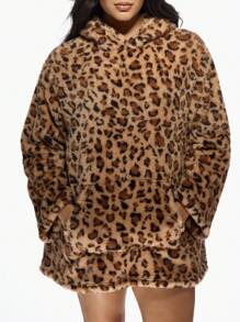 MISSGUIDED PLUS Cozy Plush Hooded Fleece Lounge Robe For Fall Winter Plus Size Long Sleeve Comfort Hoodie Leisure Home Wear Loungewear - Multicolor - View 6