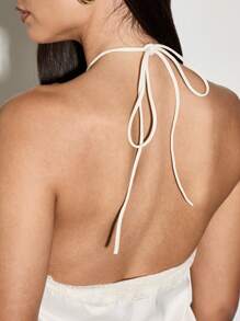 AiiRZ Top de satén de tirante al cuello con ribete de encaje - Albaricoque - Ver 4