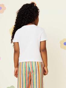 SHEIN Conjunto de 2 piezas para niña - Camiseta de cuello redondo de punto de unicolor y pantalón de rayas tejido - Multicolor - Ver 2