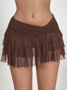 SHEIN EZwear 女士纯色不对称下摆褶皱腰 A 字裙 - 棕色 - 查看 4