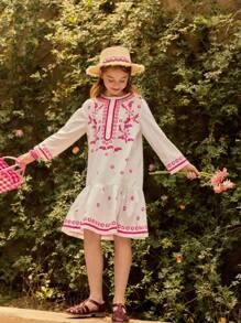 SHEIN Tween Girl Round Neck Long Sleeve Half-Placket Dress - Pink - View 5