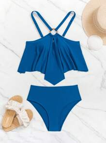 Swim Lushoire Solid Ruffle Hem Tankini Set, For Summer Beach Vacation - Dusty Blue - View 7