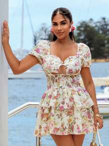 SHEIN SXY Women's Floral Print Off Shoulder Cutout Mini Dress, Vacation Outfit, Beach Vacation Outfits, Spring Outfits For Women, Summer Dresses, Beach Outfits For Woman, Summer Dresses For Women, Summer Outfits For Women, Vacation Outfits Woman,