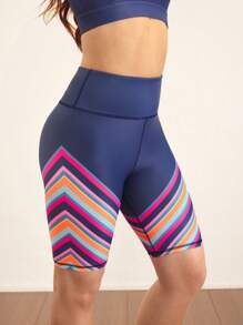 Cheerettes Women High Waist Striped Casual Fitness Workout Shorts - Navy Blue - View 3