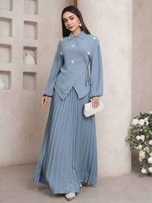 Veilorie Conjunto de blusa con cordones envolventes y falda plisada de abaya, modesto - Azul - Ver 6