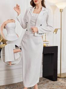 Modelyn Women's 3-Piece Striped Suit Set: Fashionable Short Blazer + Camisole + Skirt - White - View 1