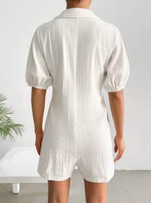 SHEIN EZwear Damen einfarbiger Jumpsuit mit Laternenschnittärmeln und Schleife vorne - Weiss - Übersicht 2