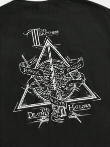 HARRY POTTER X SHEIN Plus Size  Casual Geometric And Slogan Print Drop Shoulder Loose Long Sleeve Black T-Shirt Summer - Black - View 4