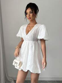 Rafferiza White V-Neck Embroidered Waist Puff Sleeve Mini Dress - White - View 3