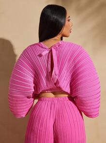 Vixey Sheer Pleated Chiffon Plunge Neck Self Tie Top, Summer Outfits For Women, Summer Tops, Beach Outfits For Women, Spring Outfits For Women, Boho, Beach Cover Up Women, Boho Women Clothing, Island Vacation Outfits - Hot Pink - View 5