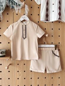 SHEIN Young Boys 2 Pieces Outfit: Loose Fit Crew Neck Sweatshirt In Apricot, Casual & Comfortable, Elastic Waist Shorts In Apricot, Simple & Stylish, Suitable For Outdoor Activities, Spring