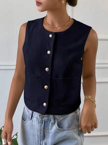 Livesso Casual Sleeveless Fitted Jacket, Women, Solid Color Round Neck, Spring/Summer,Fall Clothes - Navy Blue - View 4