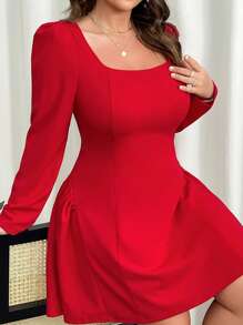 SHEIN Privé Robe moulante avec volants et manches longues, amour de la Saint-Valentin, soirée de rendez-vous élégante, mini-robe rouge unicolore en forme de A à manches bouffantes, sexy et gracieuse