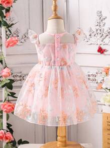 Infant/Toddler Girls Sweet Elegant Floral Embroidered Flutter Sleeve Pink Princess Dress, Casual Chic Style, Suitable For Birthday Party, Gathering Or Daily Wear, Spring/Summer New Arrival