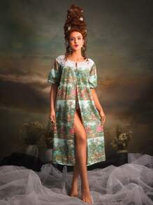 PinupPomp Vintage Palace Lace Print Long Robe With Mid-Length Sleeves, Women Nightgown - Green - View 7