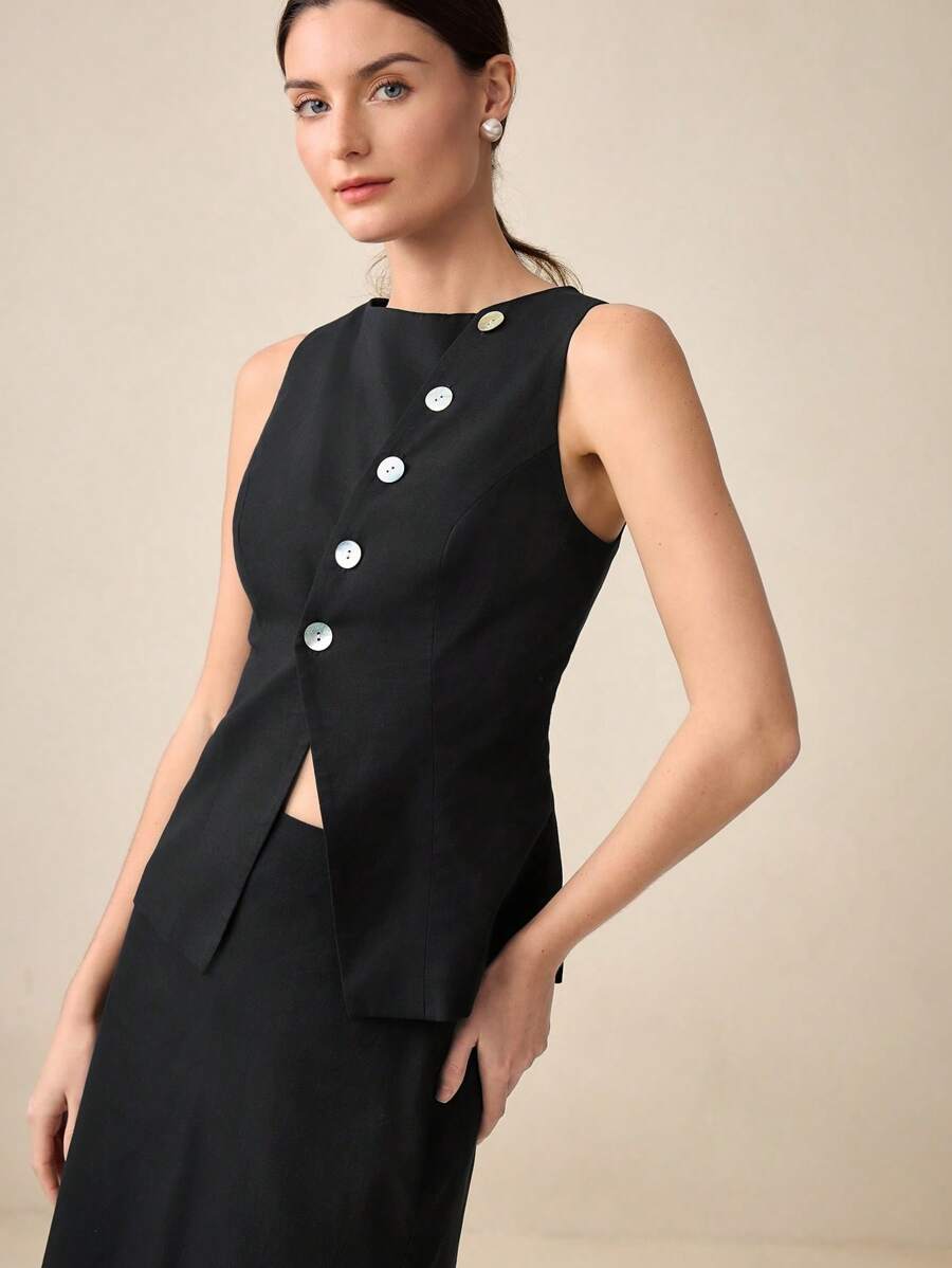 BizChic Black Office Wear For Women, Crew Neck Sleeveless Asymmetrical Tank Top & Long A-Line Skirt Spring/Summer Suit - Black - View 1