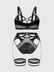 ROMWE 3pcs/Set Goth Lace Underwire Bra, G-String And Garter Belt Sexy Lingerie Set - Black - View 2