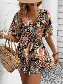 Breezaya Ganzflächig bedruckter Feiertags-Lässig-Romper mit Bindegürtel