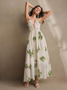 Anewsta 女士花卉提花印花 V 领收腰夏季连衣裙，优雅节日、海滩、春夏季度假装